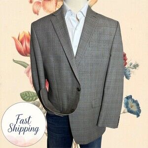 RALPH LAUREN Mens Blazer Sport Coat 2-Button Jacket SILK/WOOL 44L Brown Plaid